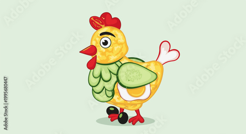 Whimsical chicken made of colorful fruits and vegetables