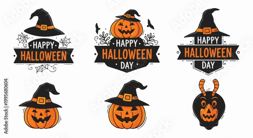 Whimsical Halloween illustrations featuring pumpkins, witch hats, bats, and spooky creatures