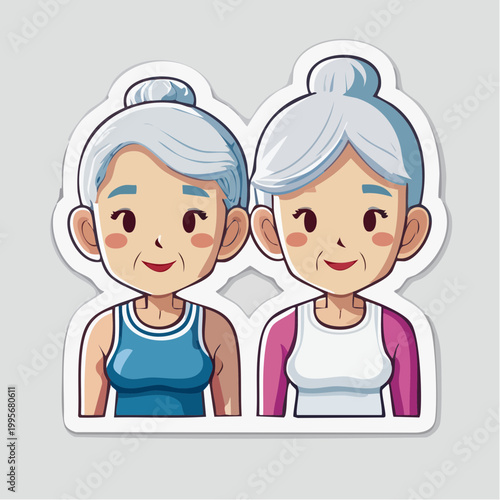 Two Cartoon Grandmothers with Gray Hair Buns