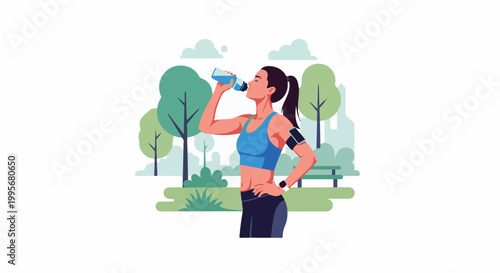 Woman in blue workout attire drinks from a water bottle in a park setting