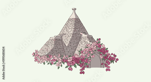 Whimsical illustration of a conical stone dwelling adorned with vibrant pink and red blossoms