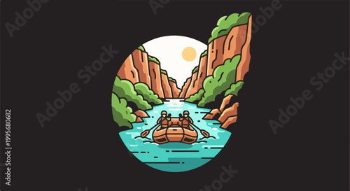 Two people raft down a turquoise river through a sunlit canyon flanked by green trees and orange rocks