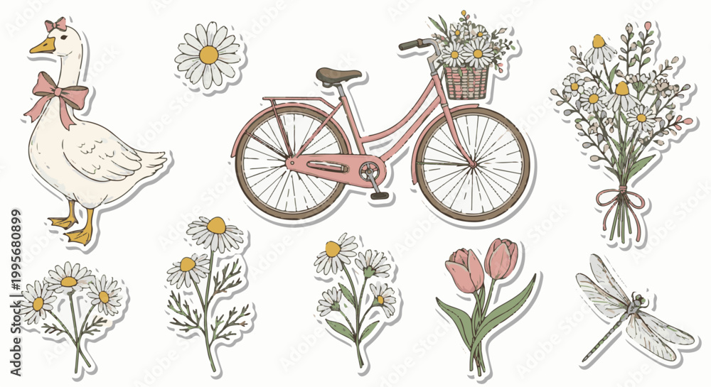 Fototapeta premium Whimsical illustration of a goose, bicycle, flowers, and dragonfly