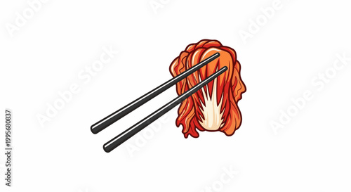 Vibrant red fermented cabbage held by two dark chopsticks, isolated on white