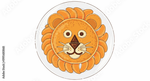 Whimsical pancake art shaped like a lion's face on a plate with orange slices