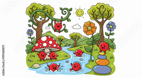Whimsical scene with smiling red creatures enjoying nature, playing by a river and under a smiling sun