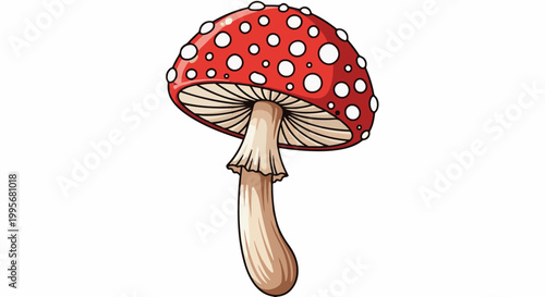Whimsical red and white spotted mushroom illustration with a tan stem and gills