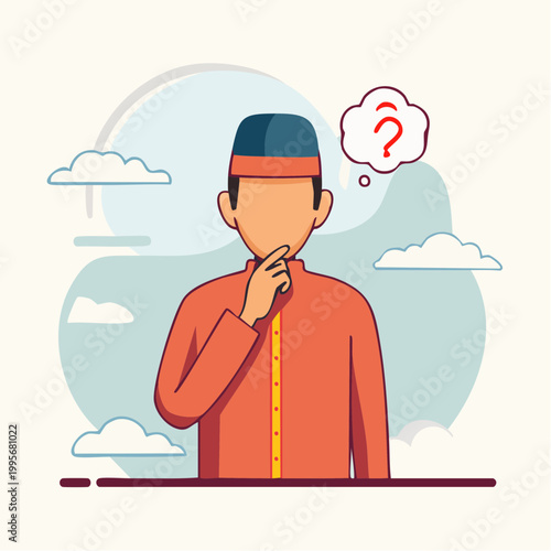 Man in traditional attire pondering with question marks in thought bubble