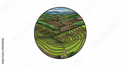 Verdant, tiered fields cascade down rolling hills under a blue sky with striped clouds