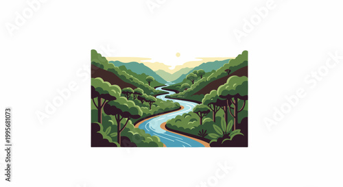 Verdant valley with a winding river under a soft sunlit sky