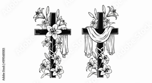 Two ornate black crosses adorned with blooming lilies and draped fabric