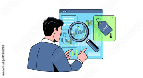 Man analyzing financial data with magnifying glass and sale tag illustration