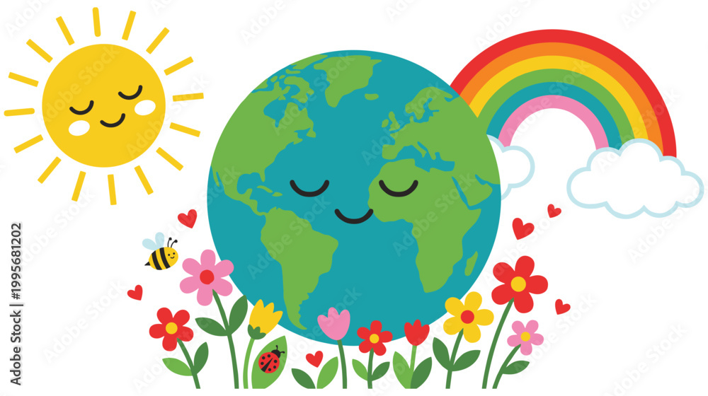 Naklejka premium Earth character with sun rainbow and spring flowers in flat art style.