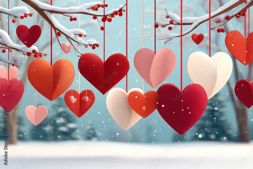 Fototapeta premium Valentine's Day hanging heart decorations in snowy winter scene with red and pink hearts
