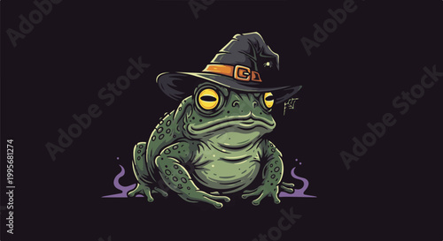 Whimsical witch frog with big yellow eyes and a pointy hat on a dark background