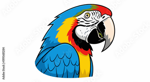 Vibrant blue, yellow, and red parrot head with striking black and white facial markings and a large beak