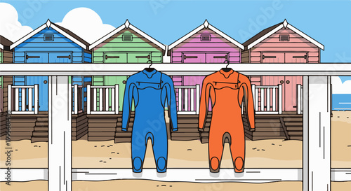 Two wetsuits hang on a rack in front of colorful beach huts on a sunny day