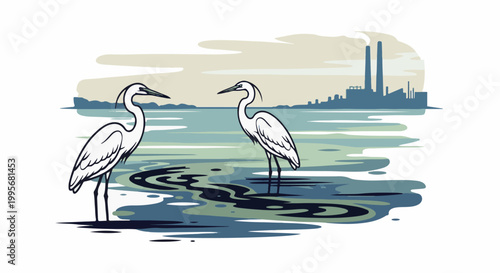 Two white birds stand in polluted water near industrial factories