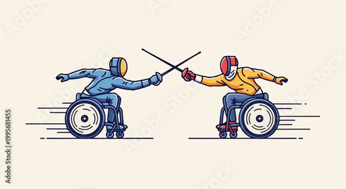 Two wheelchair fencers clash swords in a fast-paced match on a light background