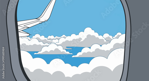 View from an airplane window at dawn, white wing above fluffy clouds, blue sky