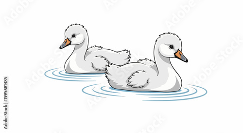 Two white cygnets swimming in rippling water, digital illustration