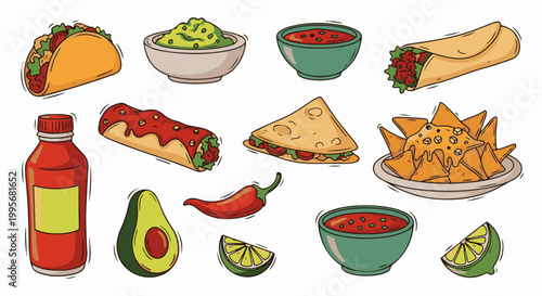 Vibrant cartoon-style illustration of Mexican food items including tacos, burritos, quesadillas, nachos, salsa, guacamole, and more
