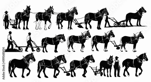 Vintage farm scenes with horses and people plowing fields, showcasing historical agriculture