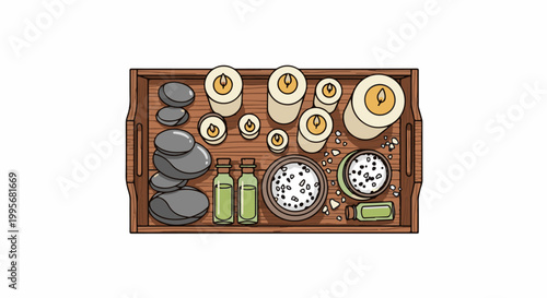 Wooden tray with spa items candles, stones, essential oils, and bath salts