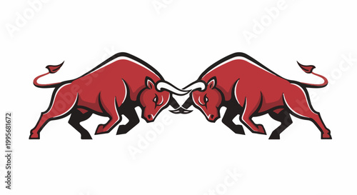 Two stylized red bulls charging head to head in a battle stance