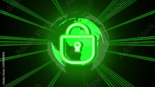 Glowing green padlock icon over a digital world map with laser-like lines, symbolizing global cybersecurity, data protection and secure network connections.