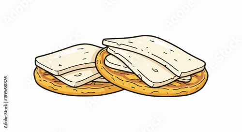 Two stylized open-faced sandwiches with light-colored filling on a round bun