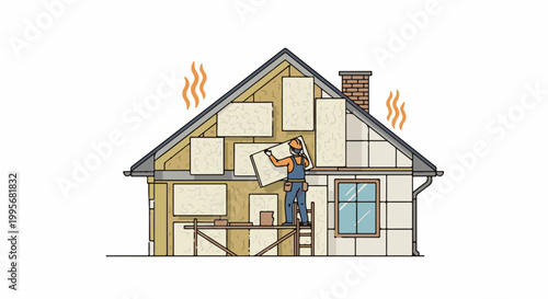 Worker installing insulation panels in a house attic and wall