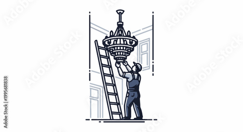 Worker on ladder installing ornate chandelier in room with windows