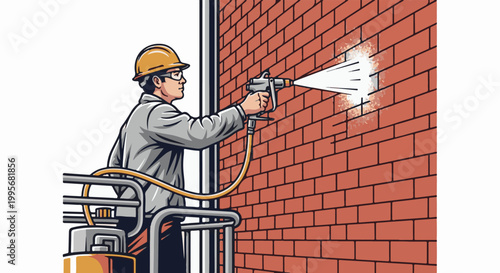 Worker on platform sprays material onto brick wall