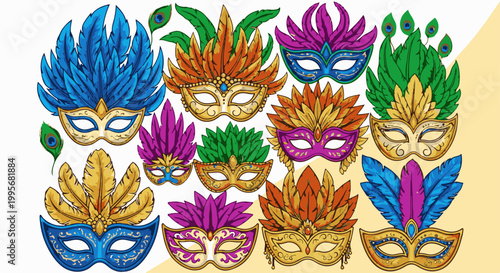 Vibrant feather masks in assorted colors, adorned with gold accents and decorative patterns