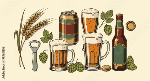 Vintage illustration of beer and brewing ingredients