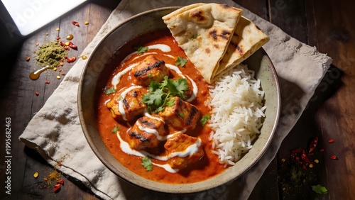 Butter Chicken Curry with Basmati Rice and Naan in Warm Editorial Lighting