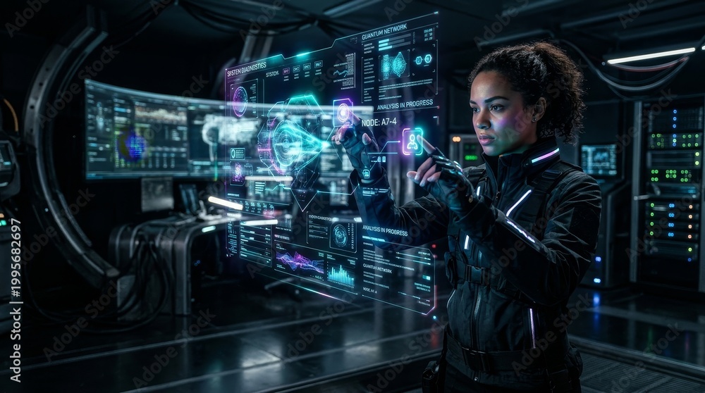 Fototapeta premium Woman in futuristic control room technology.