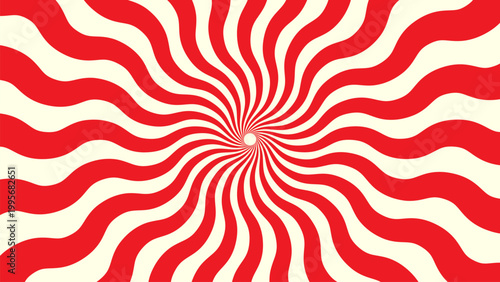Vibrant red and cream radial sunburst pattern with swirling, psychedelic waves creating an energetic and retro background