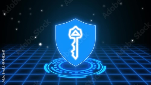 Glowing blue shield with key icon hovering above a futuristic grid floor, digital security and access control concept, neon hologram style with starry background.