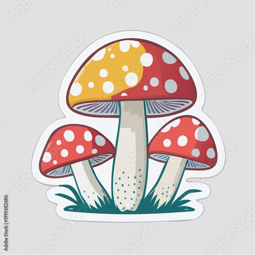 Cartoon illustration of three red and yellow spotted mushrooms