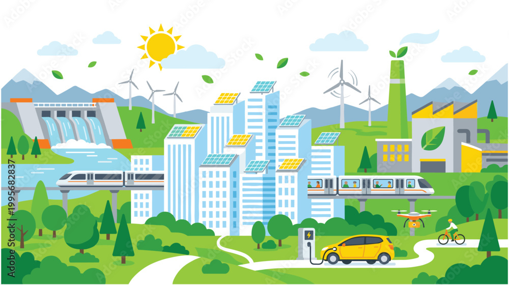 Fototapeta premium Modern green city concept with renewable energy sources and public transit.