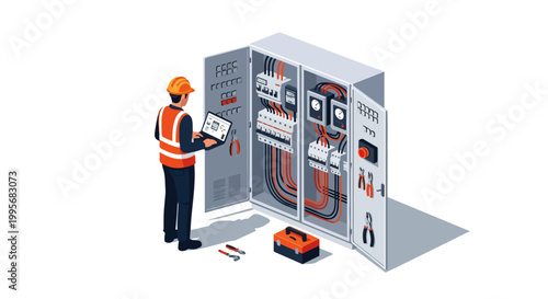 Isometric Industrial Worker Fixing Power Control System and Electrical Equipment with Laptop