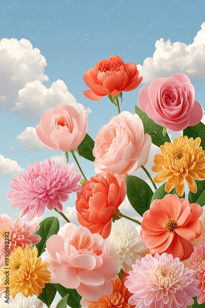Fototapeta premium Soft pastel bouquet of roses and peonies against a blue sky with white clouds