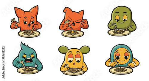 Cartoon characters eating food on plates isolated design