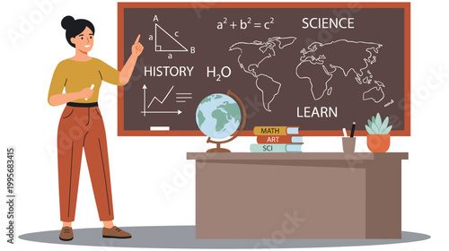 Female teacher explaining science and history lesson in modern classroom.