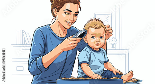 Woman with clippers gently cutting toddler's hair in a home setting