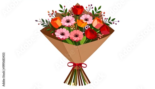 Colorful floral bouquet wrapped in brown paper, tied with red ribbon