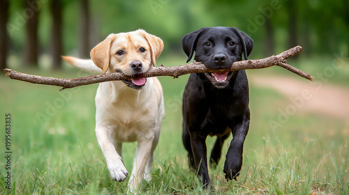 two dogs running together carrying a stick in their mouths, playful outdoor teamwork and friendship moment in nature