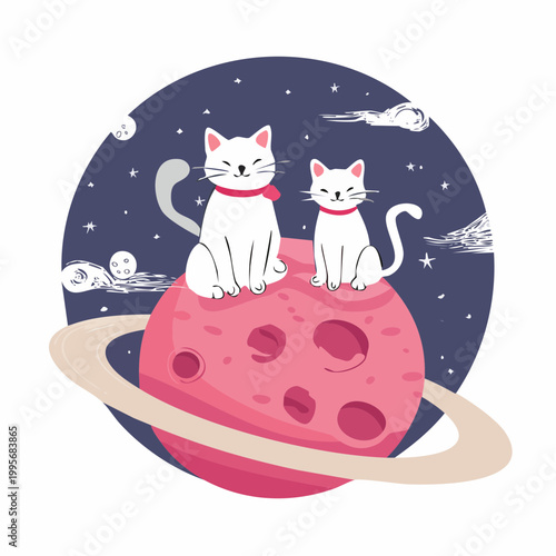 Two white cats sitting on a pink planet in space